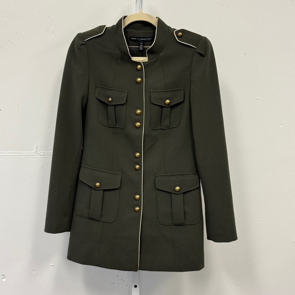 White House Black Market Olive Green Longline Military Jacket Gold Buttons XS